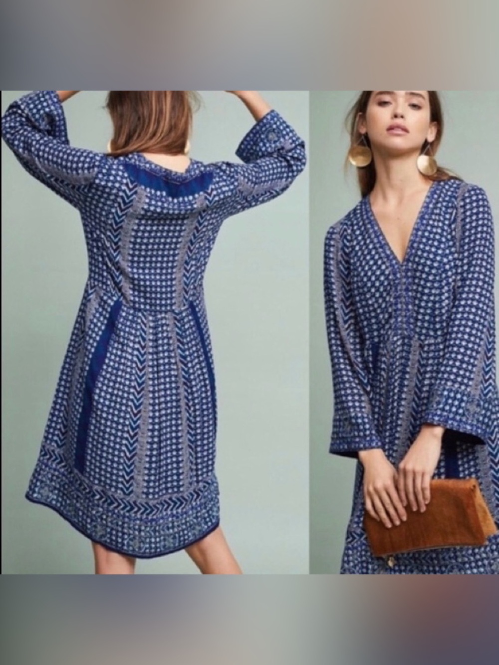 Anthropologie Akemi + Kin Boho V-Neck Navy Patterned Women's Dress